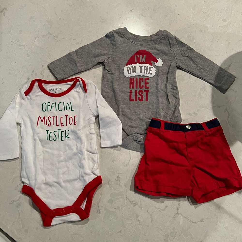 Bundle (3) Christmas Onesies and Shorts (3 months)